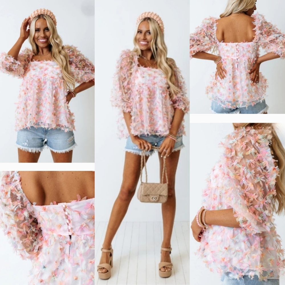 Storia Floral Frills Pink Babydoll Top Textured 3D Baby Pink Womens Size M